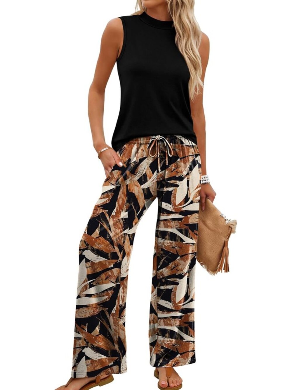 🆕Women Floral Leaf 2 Piece Set Summer Spring Outfits Mock Neck Wide Leg Pants